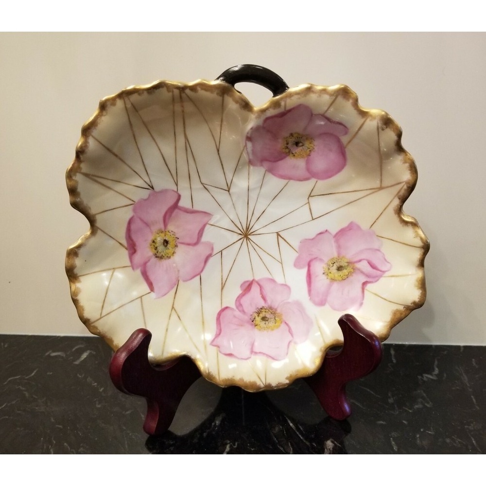 Antique 1887 Hand Painted Floral Leaf Shape Plate w Handle 7.75"x 7"